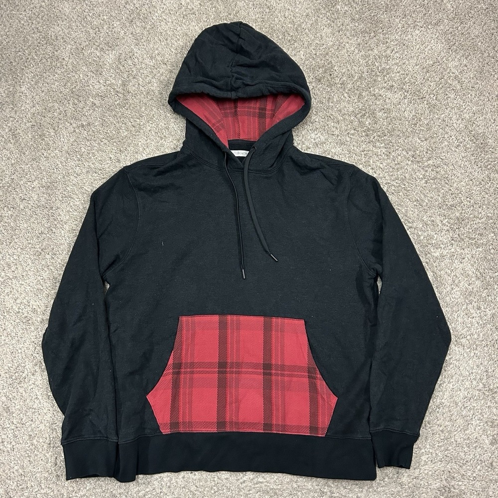Outerknown Hoodie Mens Large Black Red Plaid Hooded Sweatshirt Hemp Cotton Blend